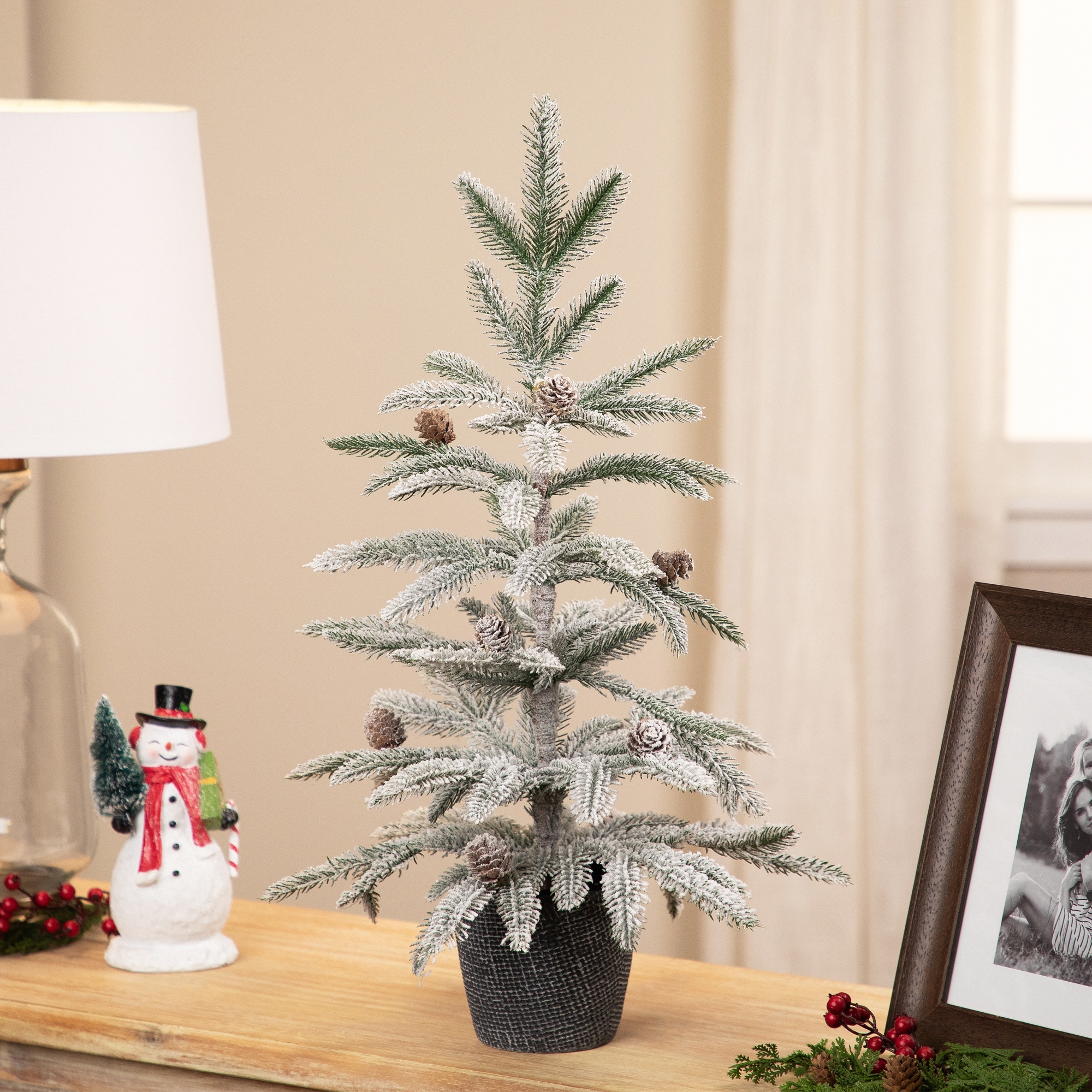 Flocked Potted Snowy Christmas Tree with Pinecones - 24.75" - Unlit - 2 Foot