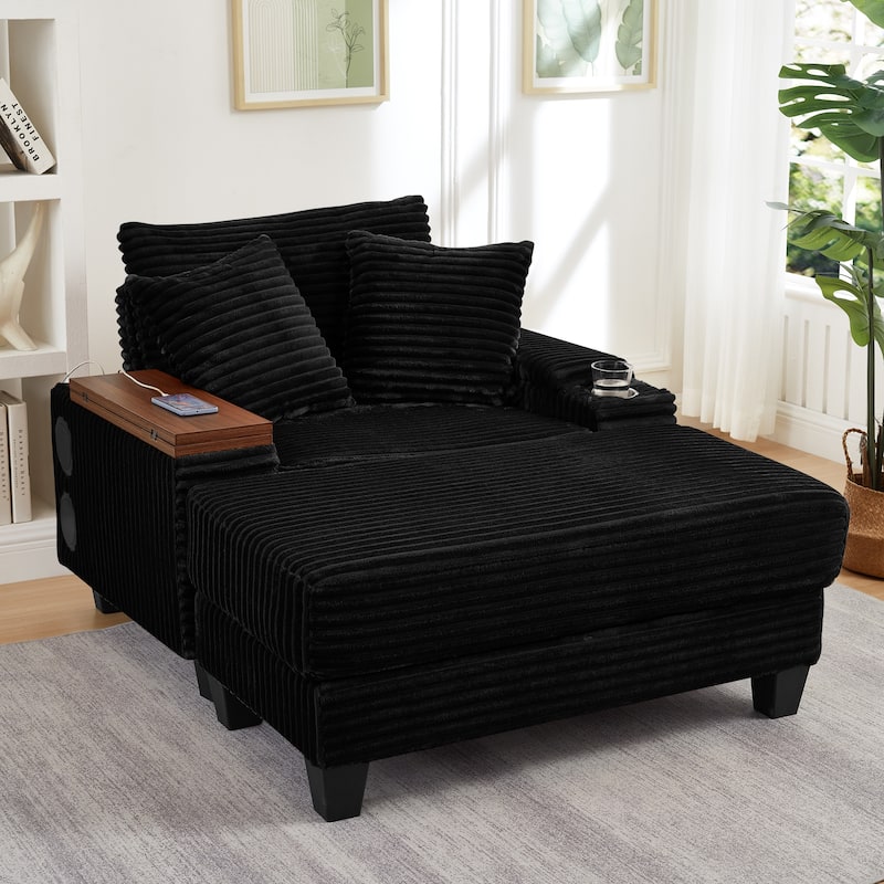 Multifunctional Rotating Table Sofa with Ottoman, Bluetooth Speaker, USB Ports, and Hidden Storage for Small Spaces