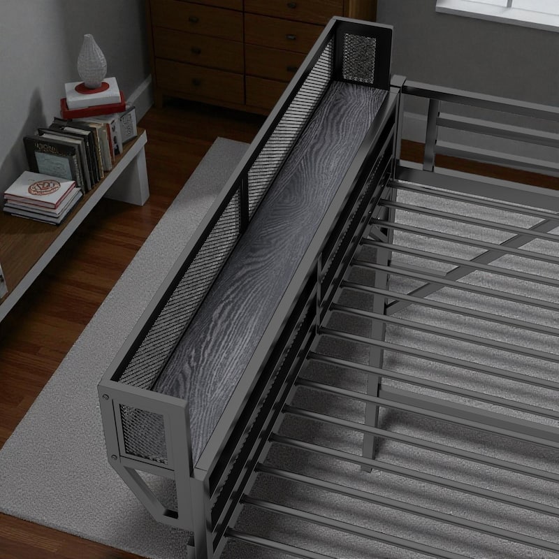 Queen Size Metal Loft Bed with Ladder and Storage Shelves, High Loft Bed Frame for Kids and Teens