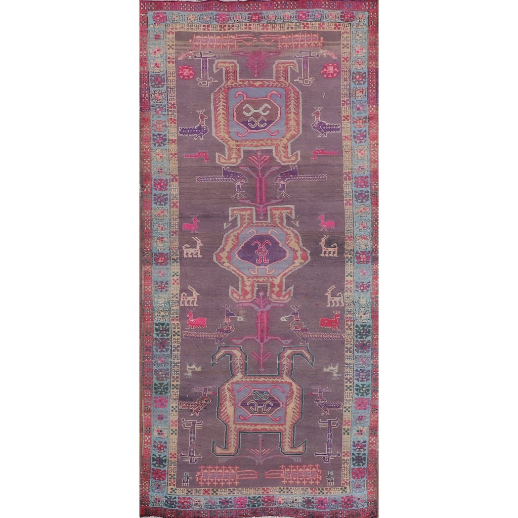 Purple Tribal Ardebil Persian Vintage Runner Rug Handmade Wool Carpet - 3'10" x 9'7"