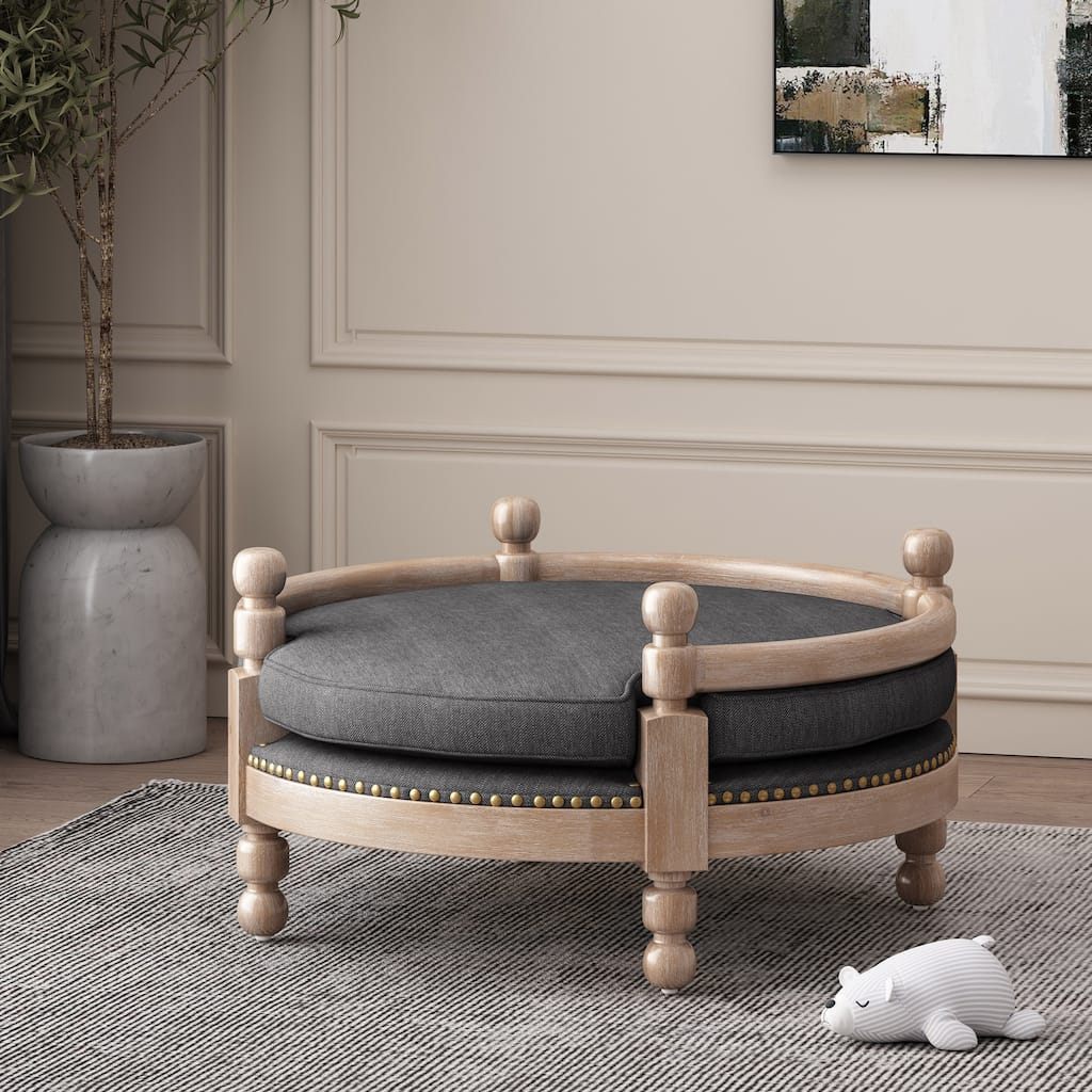 Roomfitters Luxury Elevated Pet Bed, Round Wooden Dog Bed with Spindle Posts and Nailhead Trim, Upholstered Cushion, Charcoal