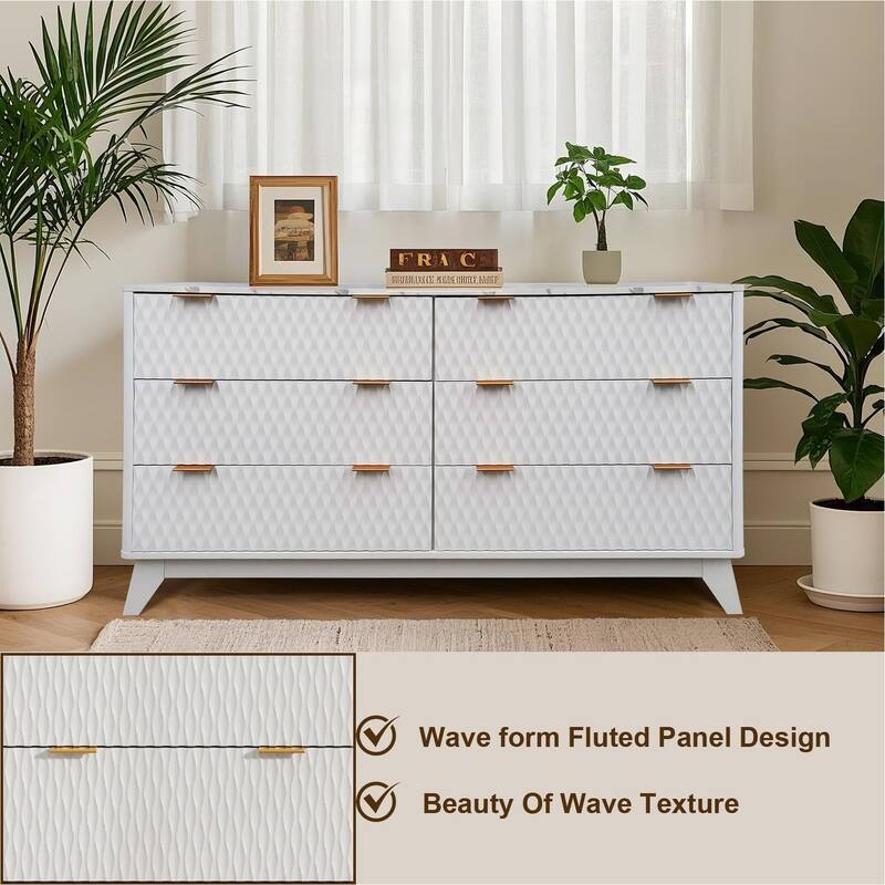 6 Drawer Wood Dresser with Faux Marble Top, 54" Wide Farmhouse Chest, Drip Pattern Design,