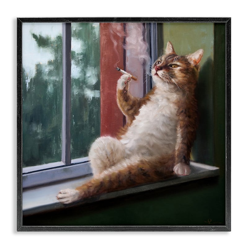 Stupell House Cat Smoking Lounging in Window Pane Framed Wall Art - 24 x 24 - Black