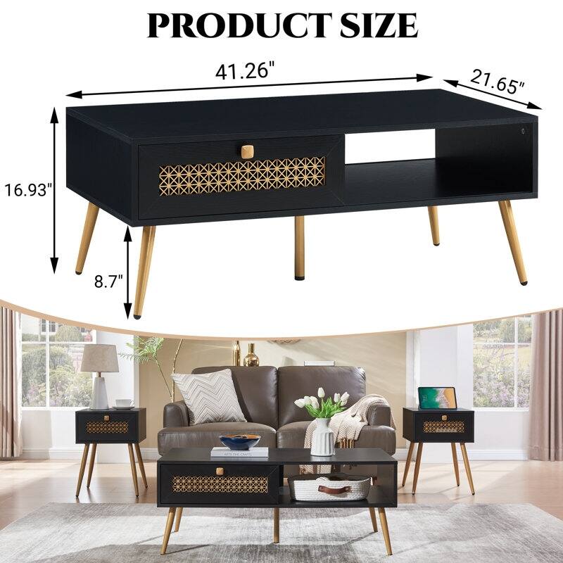 42" W Wood Rectangular Coffee Table with Storage Shelf and Drawer