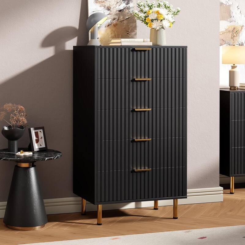 Fluted 5 Drawer Deep Dresser for Bedroom, Living Room, Hallway, Kids Room - Black