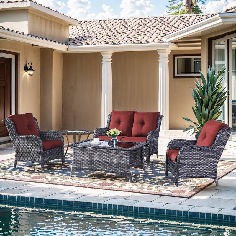 Outdoor Loveseat Sofa with Chair Ottoman Table - 5PCS - Sofa with Chair and Coffee Table - Grey Rattan - Red Cushion