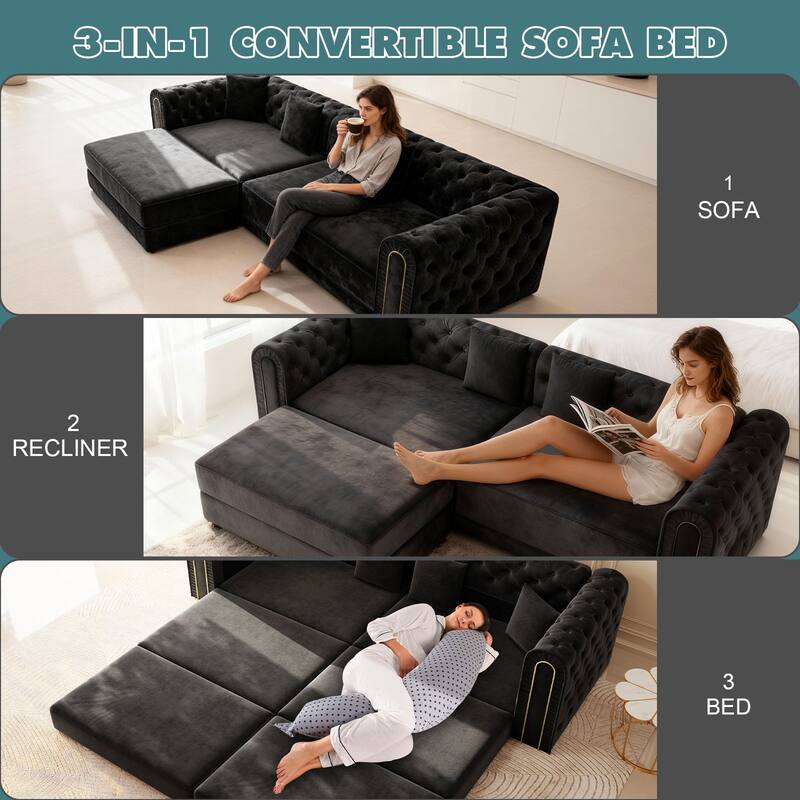 90.6" Velvet Pull Out Sofa Bed, 3-in-1 Convertible Sleeper Sofa with Movable Ottoman, Modern Button Tufted Chesterfield Sofa