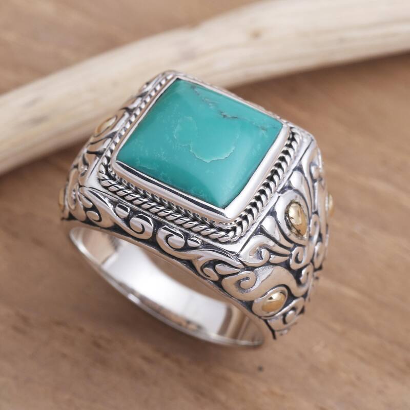 Novica Handmade Kuta Blue Men'S Gold Accented Sterling Silver Ring
