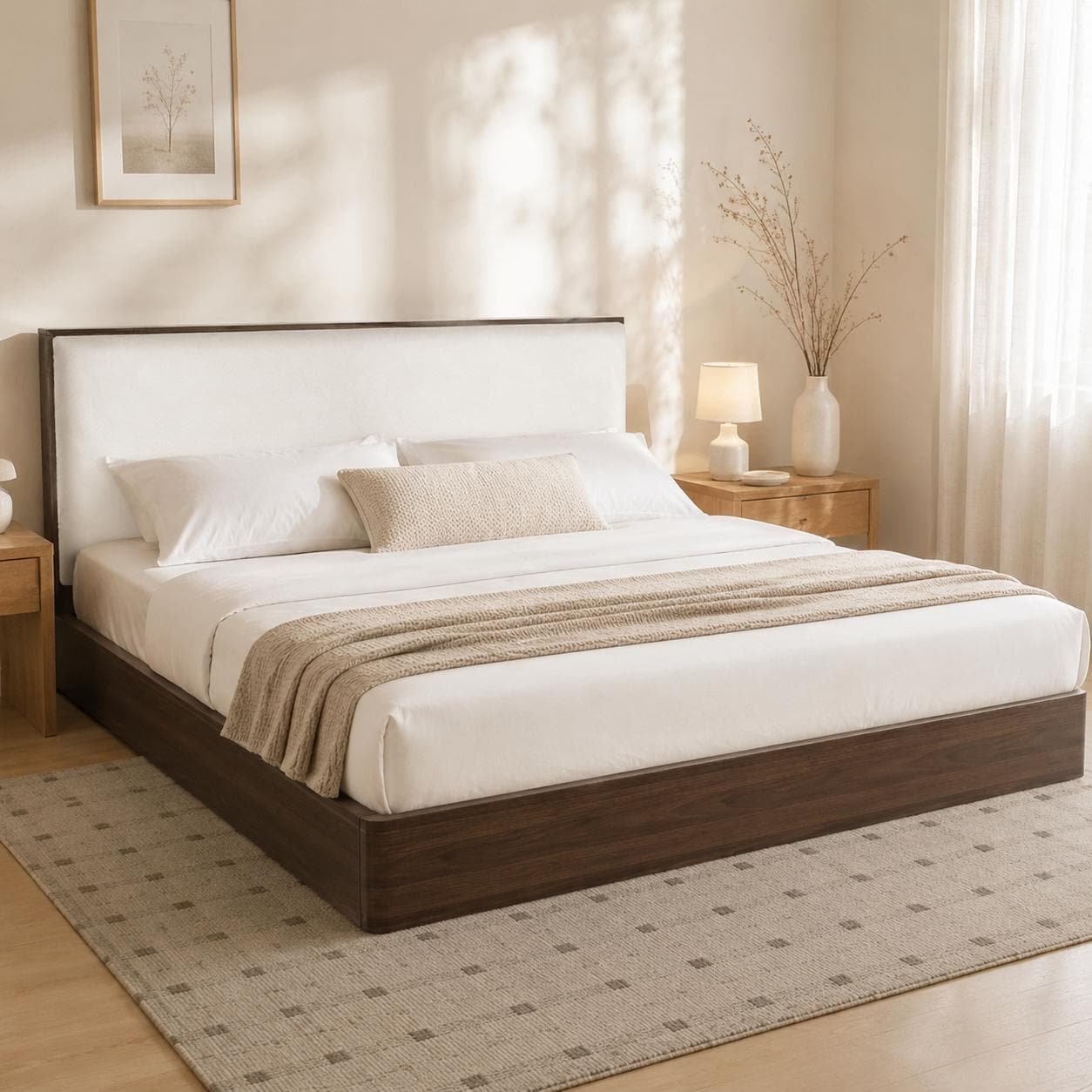 Low-Profile Solid Wood Platform Bed with Bouclé Upholstered Headboard by Harper&Bright Designs