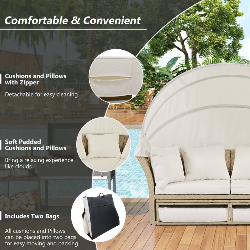 Outdoor Patio Daybed, Outdoor Furniture Set with Retractable Canopy, Patio Wicker Rattan Round Sofa with 4 Pillows