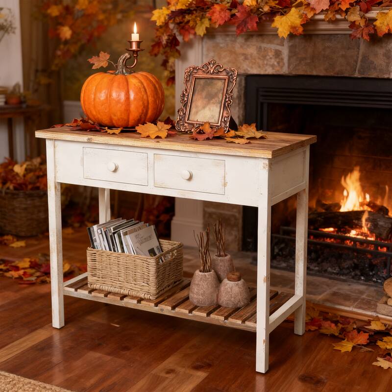 Vintage Distressed Finish Console Table with 2 Drawers and Open Shelf
