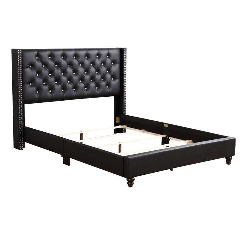 Full Nailhead and Faux Jewel Tufted Upholstered Panel Bed - 80" - Black