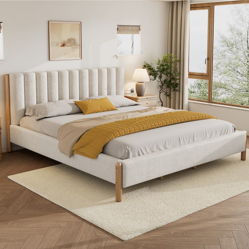 Christopher Knight Home - Elias Boucle Upholstered Bed Frame with Thick Headboard & Solid Wood Legs - White - King