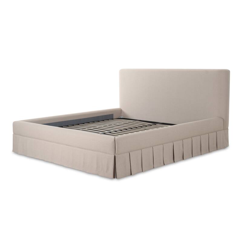 NADAAL STUDIOS Lenora Beige Upholstered Queen Bed with Pleated Skirt Base and Padded Headboard