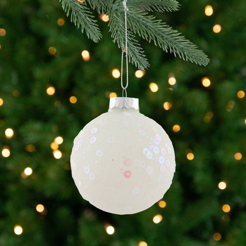 Frosted Sequined Christmas Ball Glass Ornaments - 2.75" (70mm) - White - 4ct