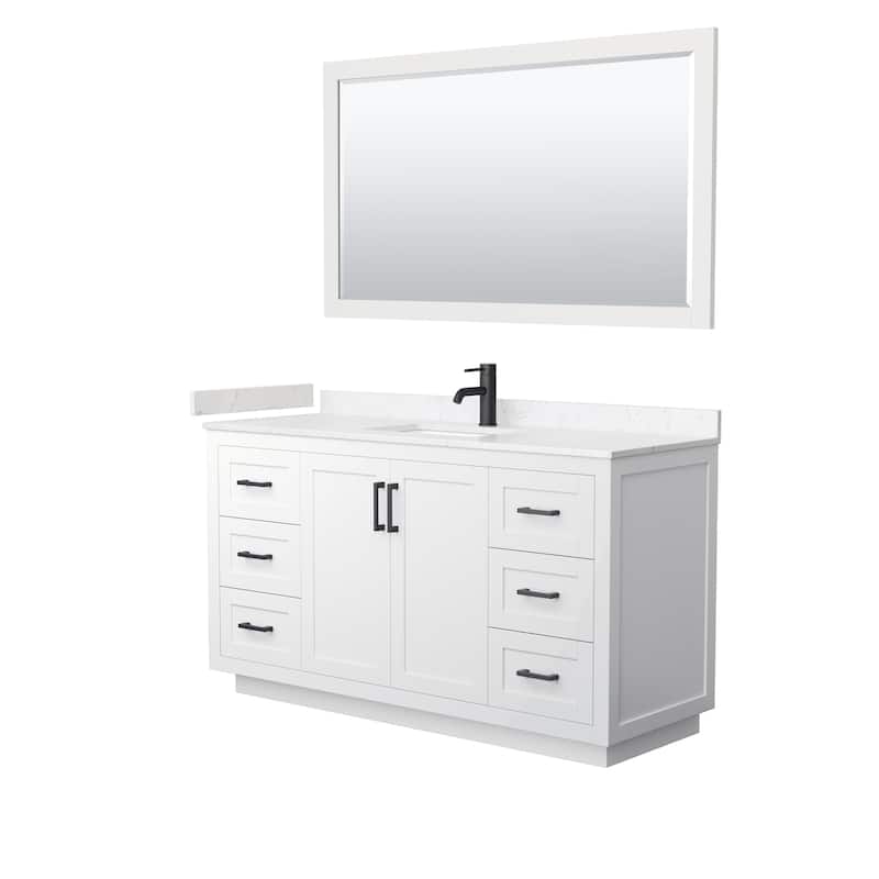 Miranda Bathroom Vanity Set, Cultured Marble Top, 58-Inch Mirror - 60-Inch Single - White, Black Trim, Carrara Cultured Marble Top