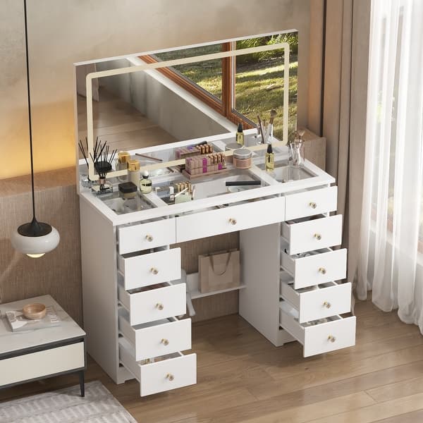 Large Makeup Vanity Table with Adjustable LED Mirror Glass Top Dressing  Table Dresser Vanity Desk - Bed Bath & Beyond - 42335640