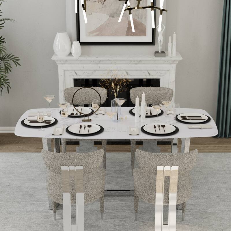 70 inch Dining Table Set with Boucle Dining Chairs