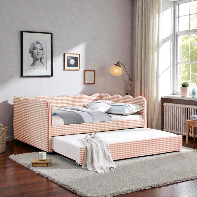 Full Size Gingham Daybed with Twin Trundle, Linen Sofa Bed with USB Port and Wave Shaped Design