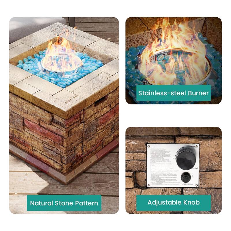 COSIEST Outdoor Square Propane Fire Pit Table w Faux Brown Ledgestone - 32" W x 32" D x 25" H