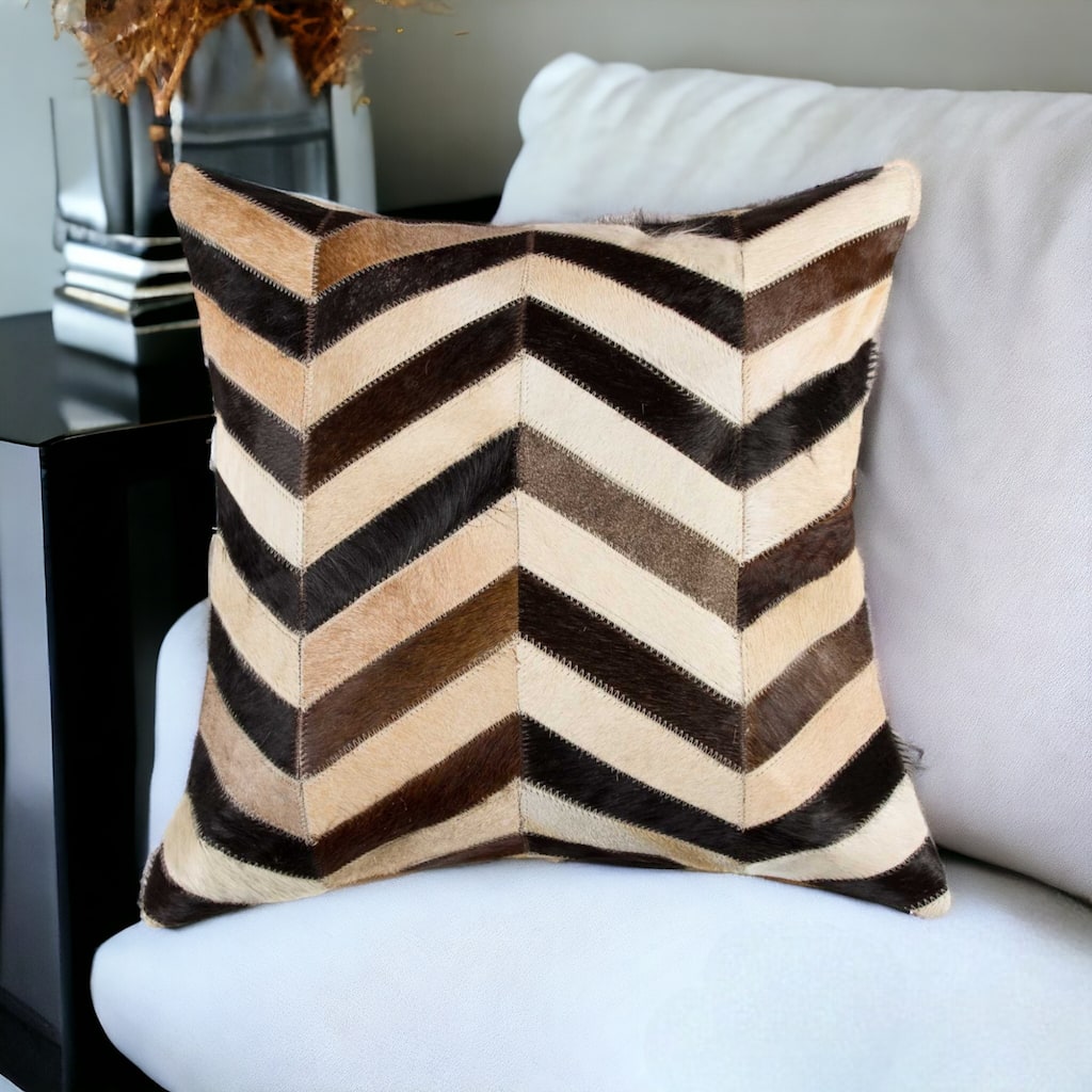 18" Brown Black and White Chevron Cowhide Throw Pillow
