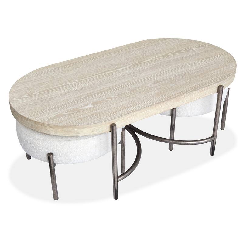 Magnussen Home Jennings Edgecomb Grey and Weathered Antique Nickel Oval Cocktail Table with 2 Ottomans - 52''W x 30''D x 18''H