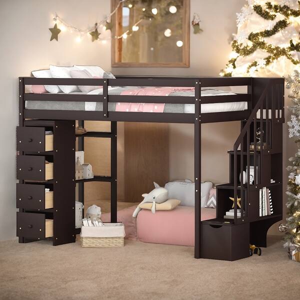 slide 2 of 16, Twin size Loft Bed with Storage Drawers, Shelves and Stairs, Black