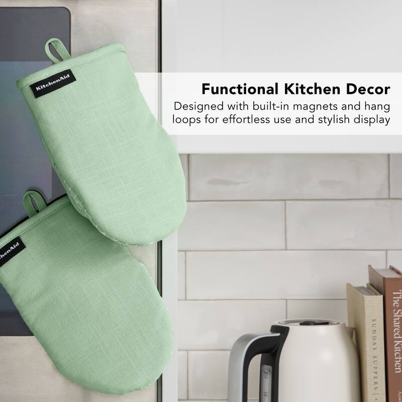 KITCHENAID Gourmet Series Gridlines Mini Oven Mitts 2-Pack Set, Heat Resistant up to 600°F, Soft Silicone Grip, Magnetic Cuff