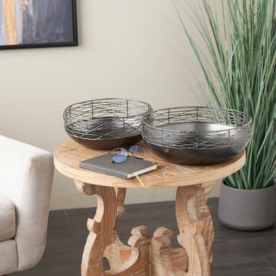Black Metal Intertwined Wire Abstract Decorative Bowl Decorative Bowl with Solid Matte Base (Set of 2)