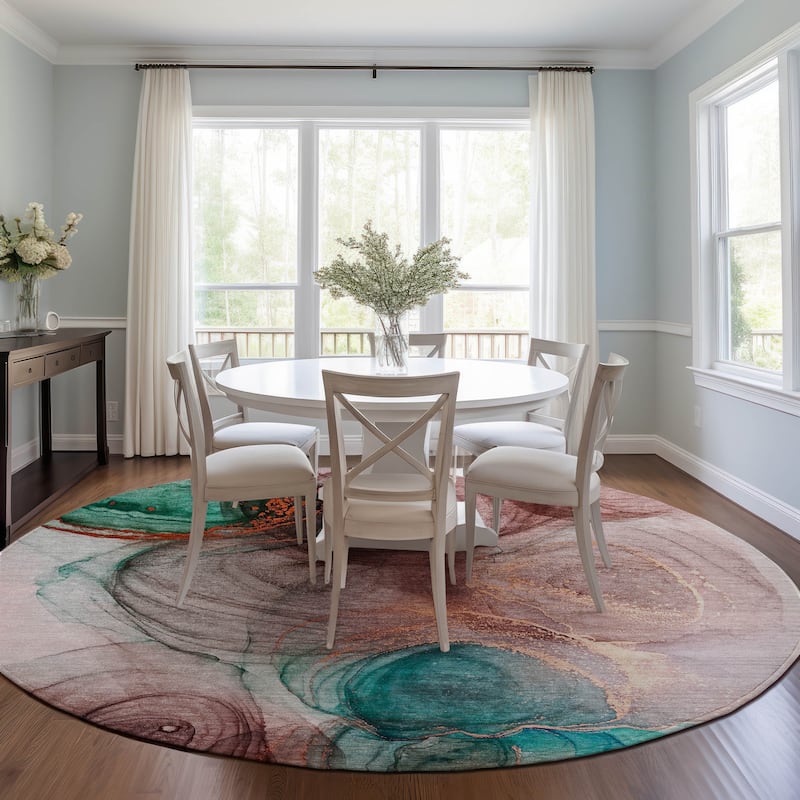 Machine Washable Indoor/ Outdoor Abstract Circles Chantille Rug - Burgundy - 8' x 8'