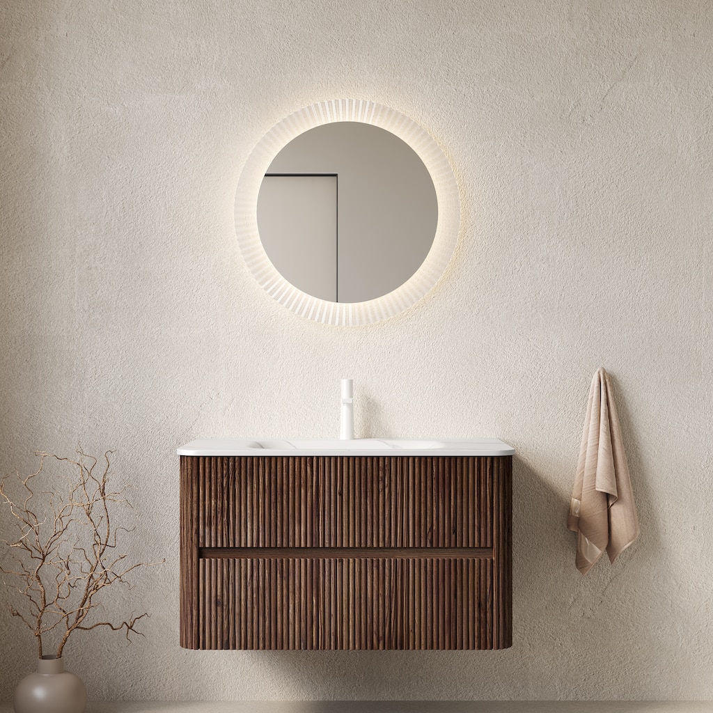 36" Bathroom Vanity & Sink, Floating Stripe Plywood Storage Cabinet with 2 Drawers, Integrated Rectangle Basin