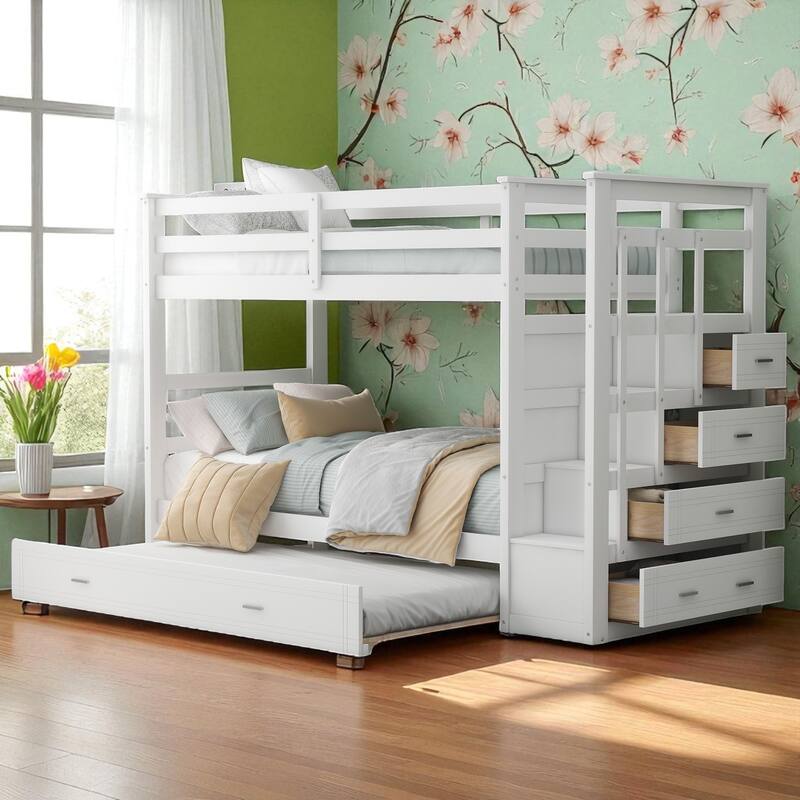 Twin Over Twin Bunk Bed with Trundle and Storage Drawers, Staircase Bunk Frame for Kids and Teens