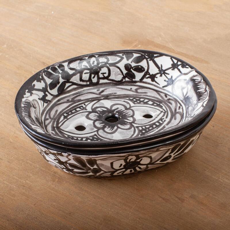 Novica Handmade Monochrome Flowers Ceramic Soap Dish - Black