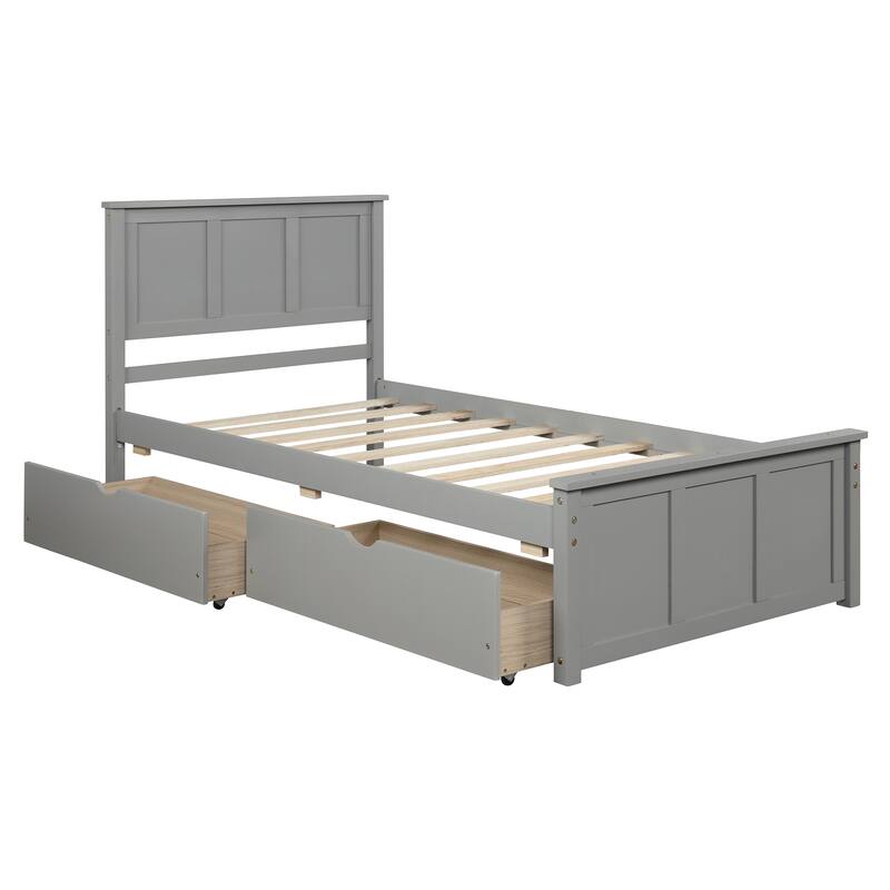 Twin Size Gray Platform Storage Bed with 2 Drawers on Wheels