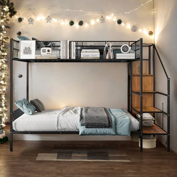 slide 2 of 16, Twin Over Full Metal Bunk Bed with Lateral Storage Ladder and Built-in Wardrobe Black