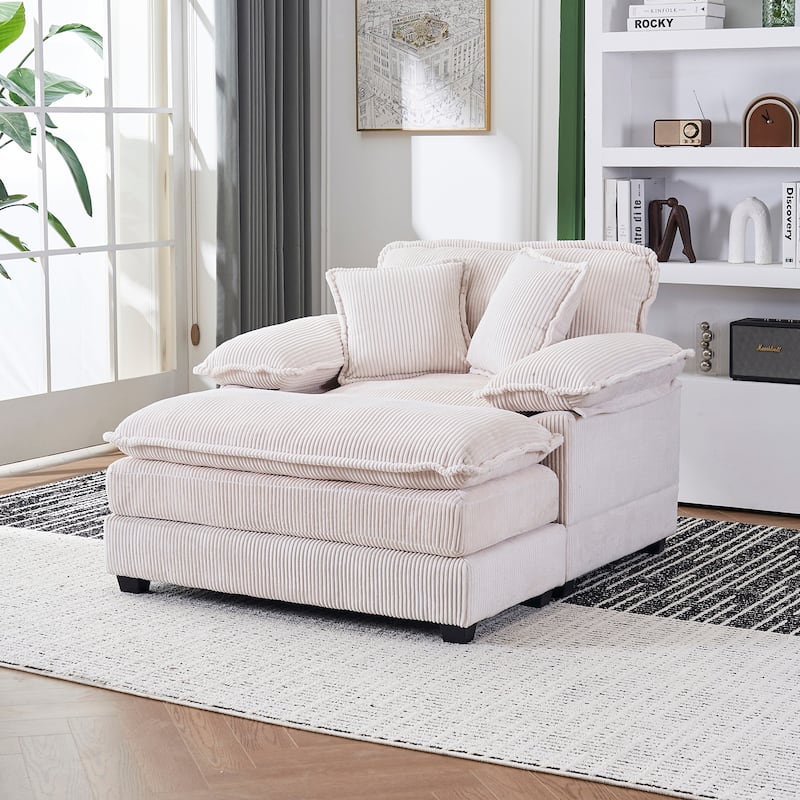 56.3 Inch Corduroy Single Deep Seat Sofa Chair With 2 Toss Pillows and a Ottoman
