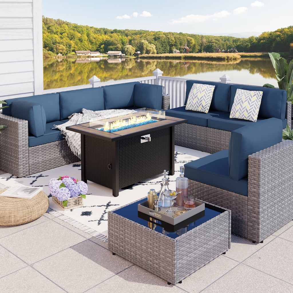 8 Piece Wicker Outdoor Patio Conversation Set with Fire Pit Table & Sectional Sofa - N/A