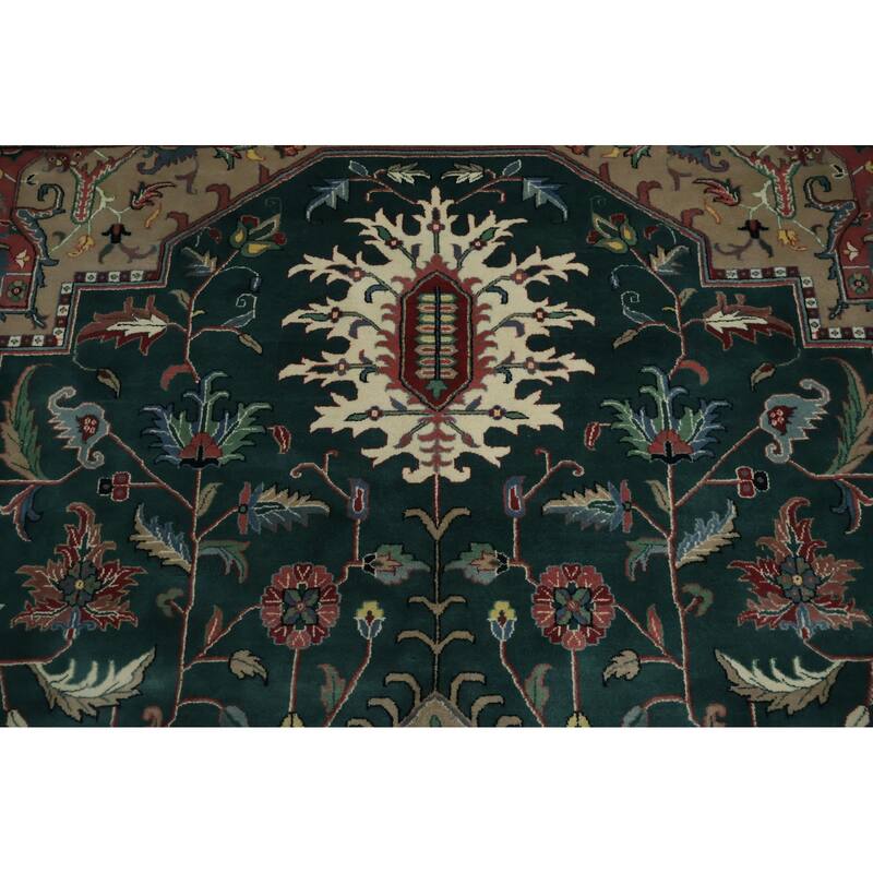 Hand Knotted Oriental 100% Wool Carpet Traditional Geometric Green Heriz Area Rug - 13' 10'' X 9' 8''