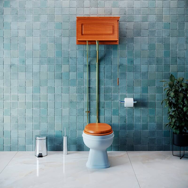 High Tank Toilet - Light Mahogany Raised Tank, Elongated White Bowl and Brass PVD L Pipe Renovators Supply