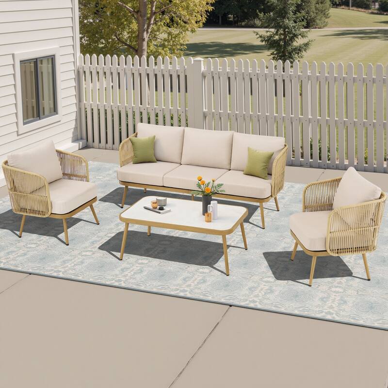 Pocassy Patio 3-Seat Sofa Glider Chair with Coffee Table - Yellow Wicker Beige Cushion - 4-Piece 3-Seat Sofa Patio Chair with Coffee Table