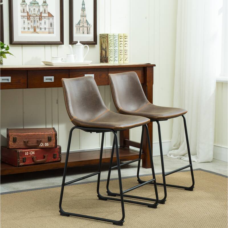 Farmhouse Faux Leather Bar Stools Set of 2, Metal Frame Counter Height Chair with Footrest for Kitchen Island, Dining Room - Brown
