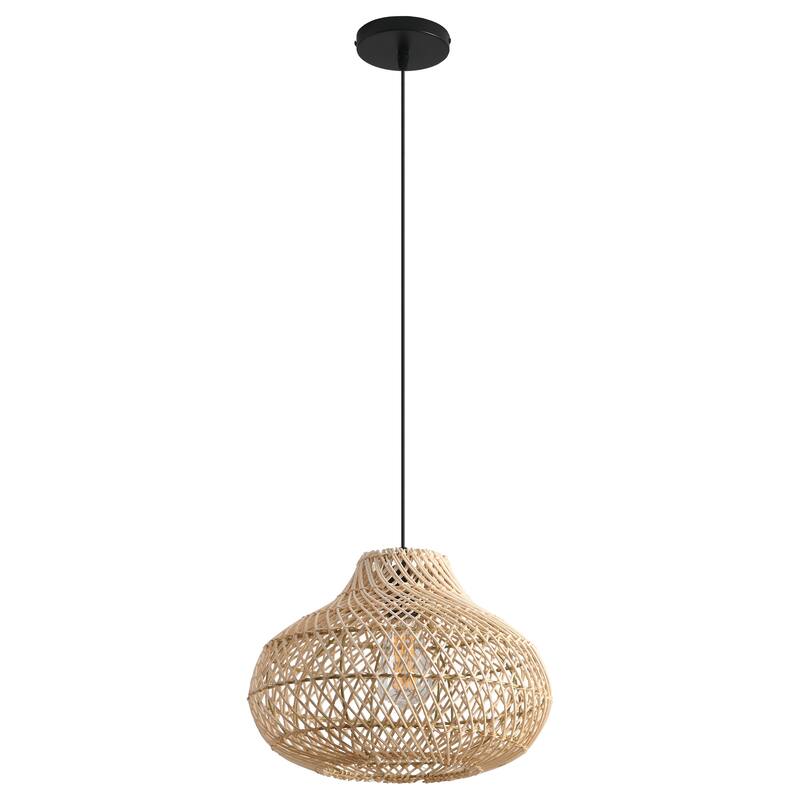 1-Light Boho Brown Rattan Hand-Woven Cloche Hanging Basket Pendant Light - 18.9" W x 59" H