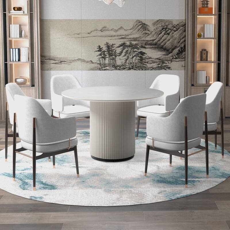 Modern Black Gray 4-6 People Round Dining Table with Roman Columns for Dining Room