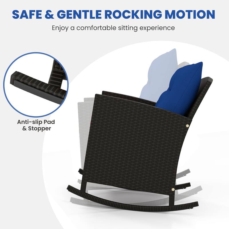 Gymax Set of 3 Wicker Rocking Set Patio w/ Tempered Glass Table & Soft