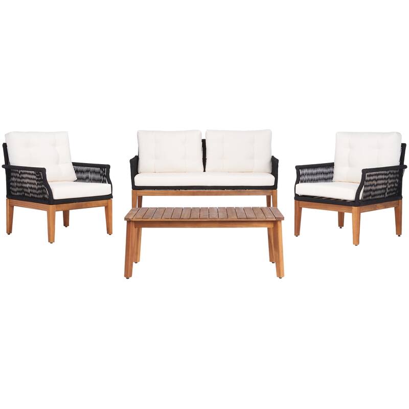 SAFAVIEH Outdoor Living Winslo 4-Piece Patio Set - 57"W x 30"D x 31"H - Black Rope/Beige Cushion/Natural Legs
