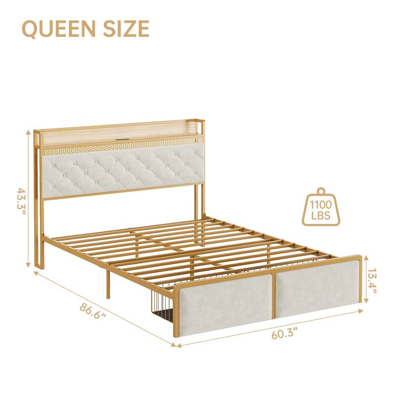 Bed Frame with Storage Headboard and 2 Drawers LED Lights