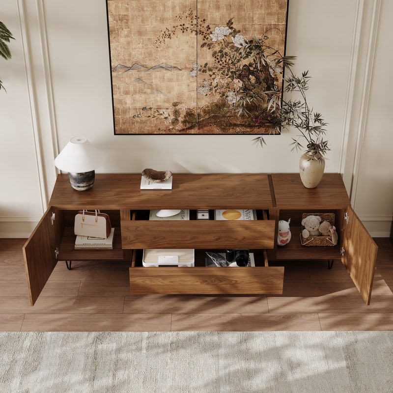 71" Walnut Finish TV Stand with Drawers & Closed Cabinets - Modern Media Console with Open Shelves