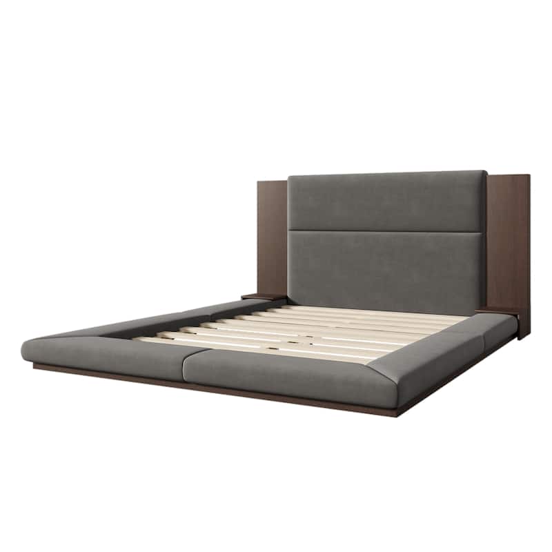Floor Upholstered Bed w/ Extended Wood Headboard, Bedside Storage Shelves, Modern Low Profile Platform Bed, Thick Foam Padding
