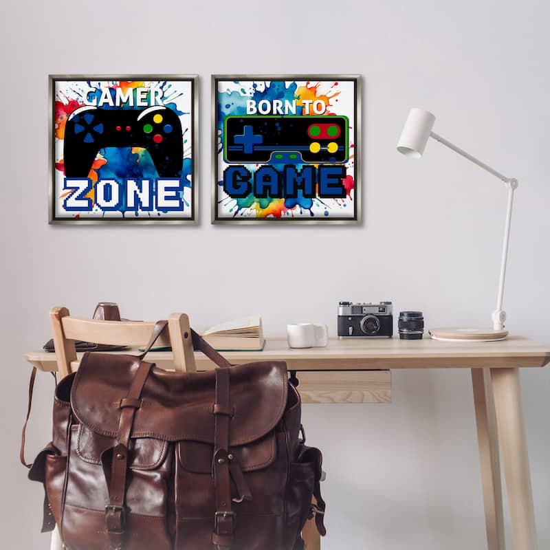 Stupell Gamer Zone on Splash Framed Floater Canvas Wall Art Design By Kim Allen (Set of 2)