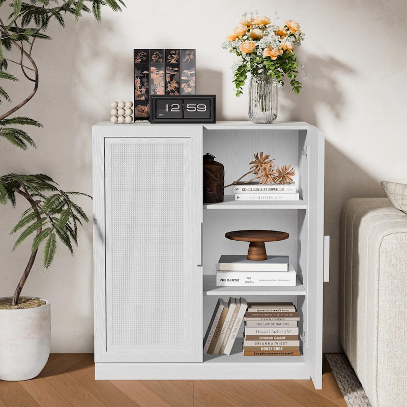 36"H Classic Storage Cabinet with Adjustable Shelves with Rattan Doors